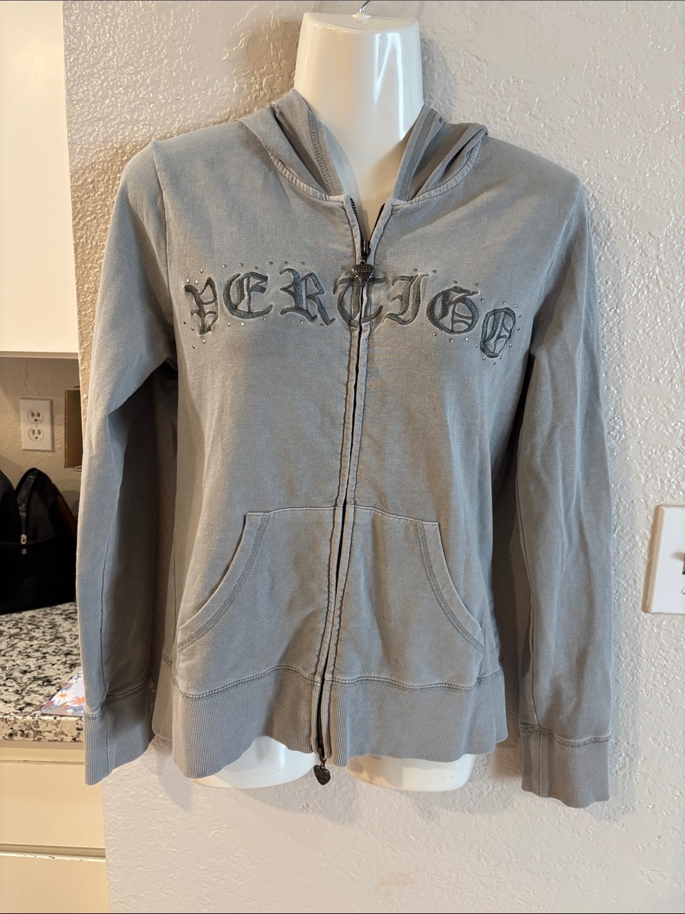Vertigo Paris Gray Zip-Up Hoodie with Gothic Logo